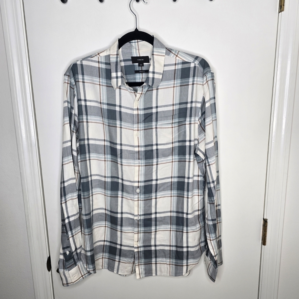 Vince Men's Casual Plaid Shirt - Gray and Cream Size Medium